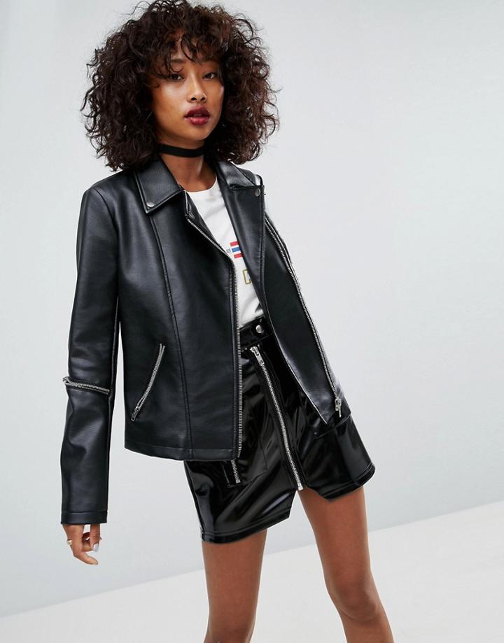 Asos Leather Look Jacket With Zip Sleeves - Black