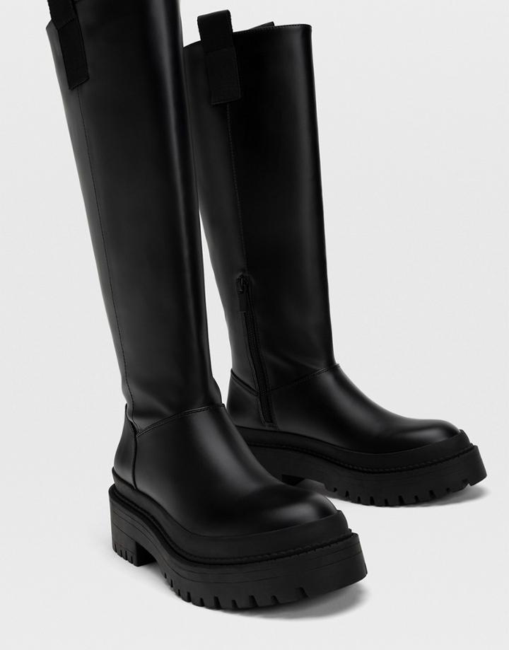 Stradivarius Chunky Sole High Leg Boots With Side Tab In Black