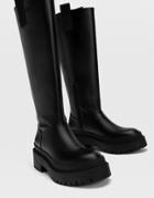Stradivarius Chunky Sole High Leg Boots With Side Tab In Black