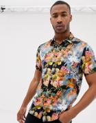 Asos Design Regular Fit Shirt With Cherub Floral Print - Blue