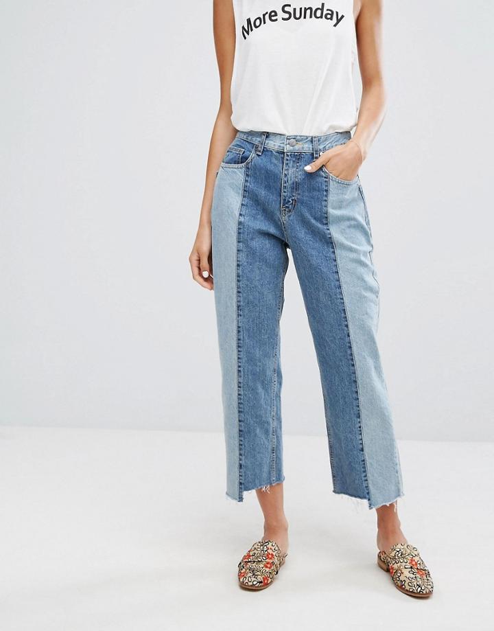 Evidnt Two Tone Crop Mom Jeans With Uneven Hem - Blue