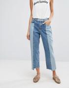 Evidnt Two Tone Crop Mom Jeans With Uneven Hem - Blue