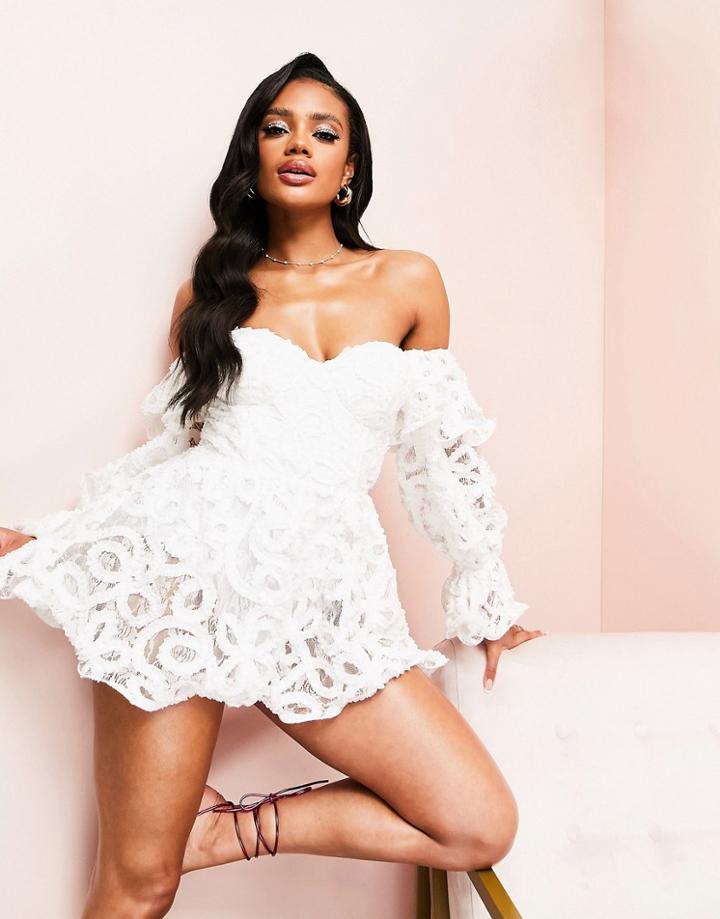 Asos Luxe Lace Bardot Romper In White-green