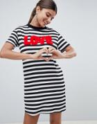 Prettylittlething Slogan Love Striped T -shirt Dress - Multi