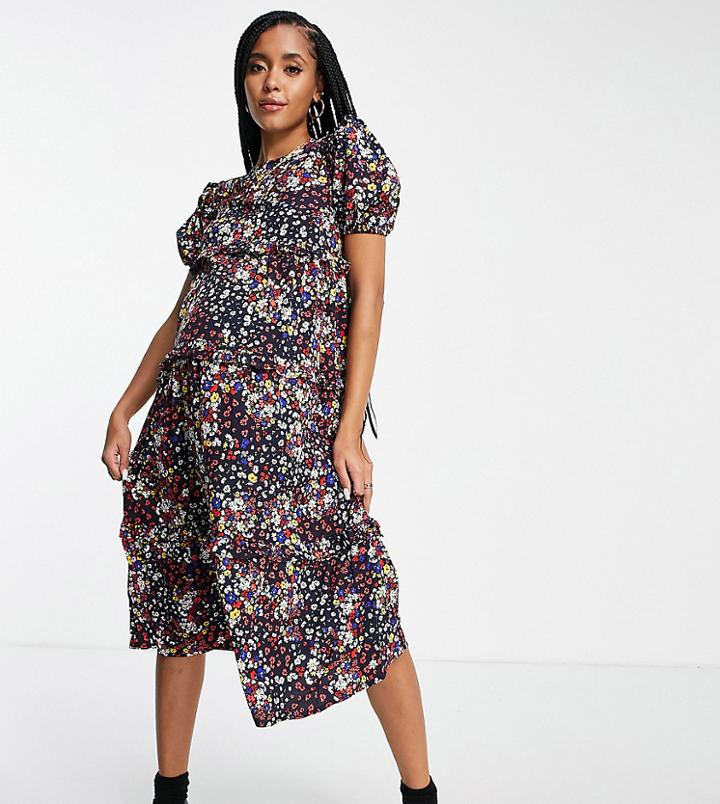 Influence Maternity Frill Detail Midi Dress In Dark Floral-multi