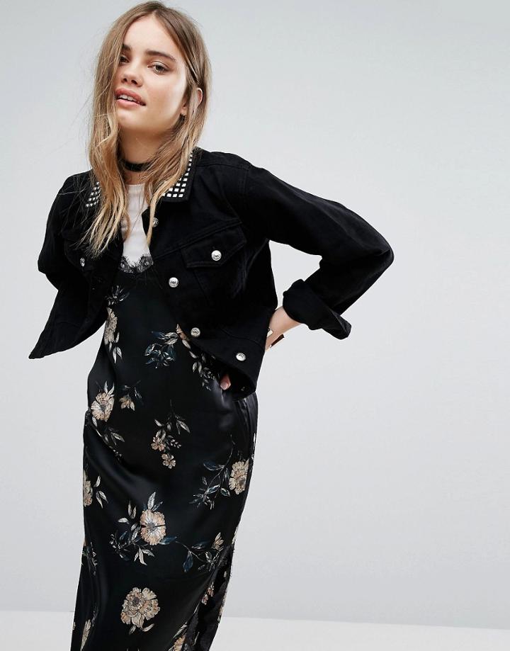 Pull & Bear Stud Detail Denim Jacket - Black