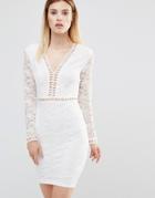 Ax Paris Plunge Front Mini Dress With Lace Sleeves - Cream