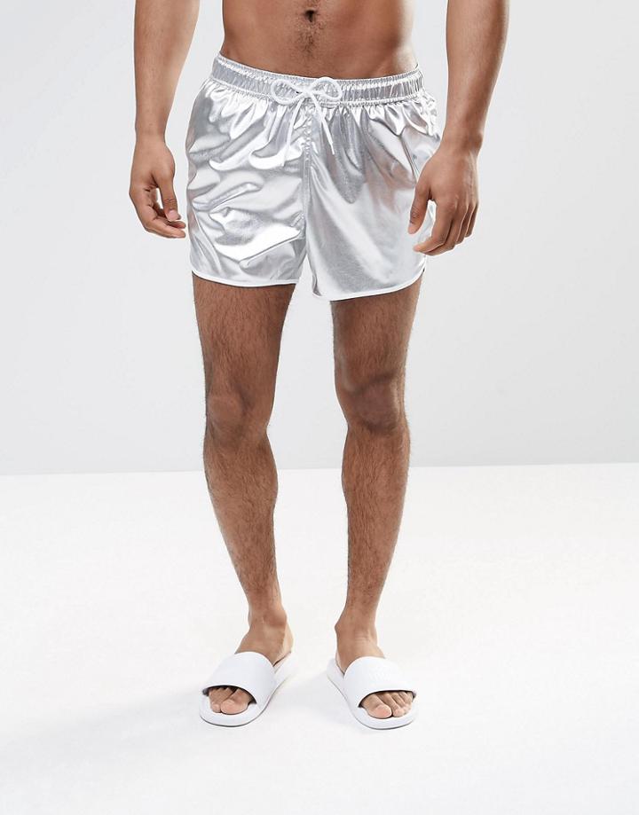 Asos Short Length Runner Swim Shorts In Metallic Silver - Silver