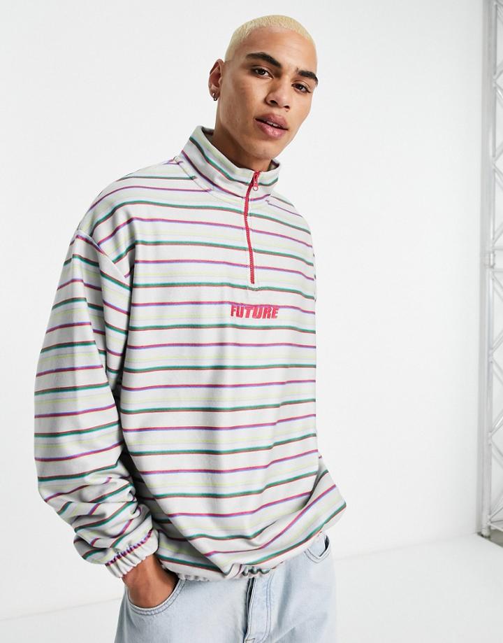 Asos Design Oversized Half Zip Fleece Festival Sweatshirt In Stripe With Chest Print-multi