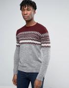 Pull & Bear Fair Isle Sweater In Gray & Burgundy - Gray