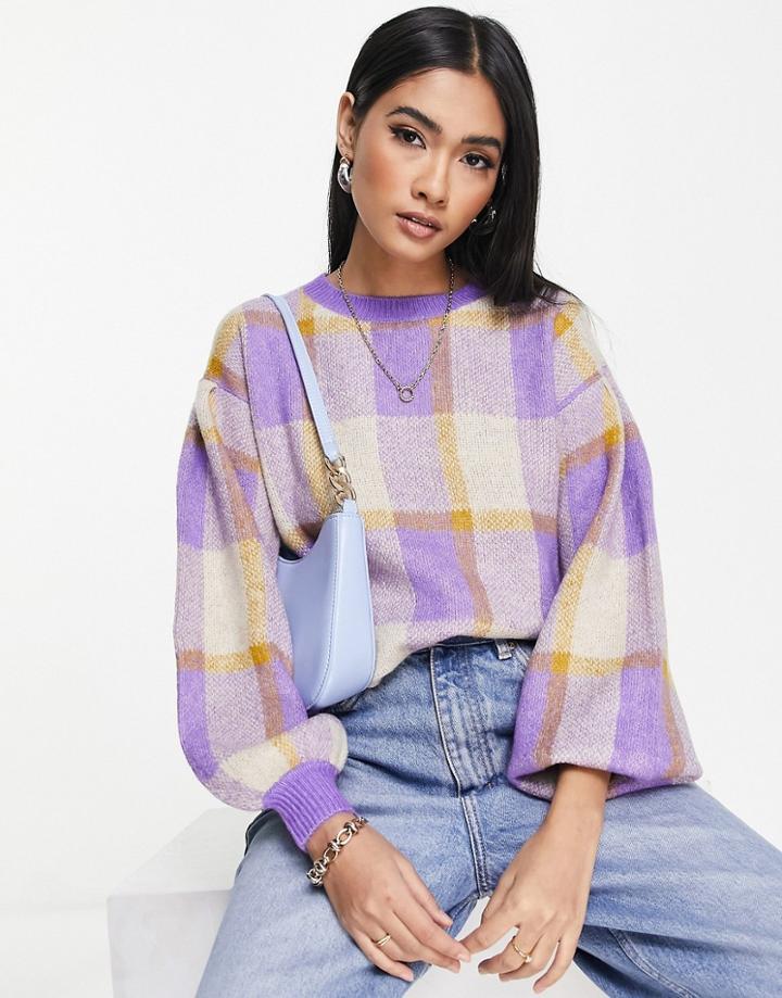 Vero Moda Puff Sleeve Sweater In Purple Check-multi
