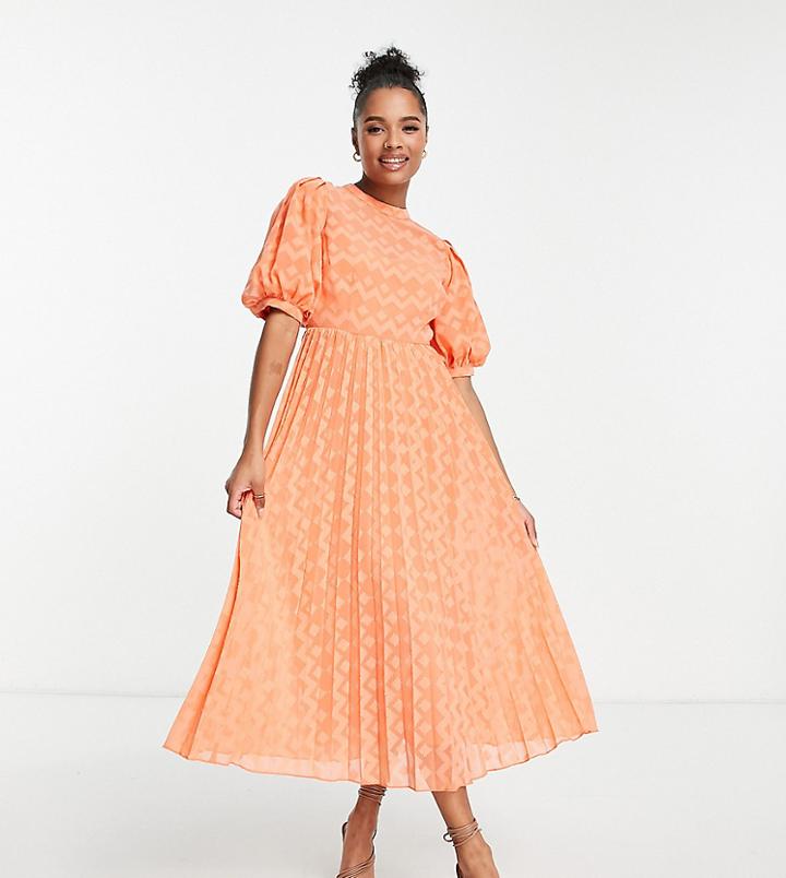 Asos Design Petite High Neck Pleated Chevron Textured Midi Dress With Puff Sleeve In Coral-orange