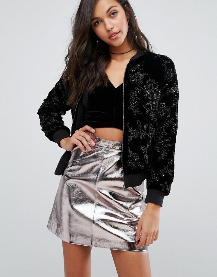 Miss Selfridge Velvet Embellished Bomber Jacket - Black