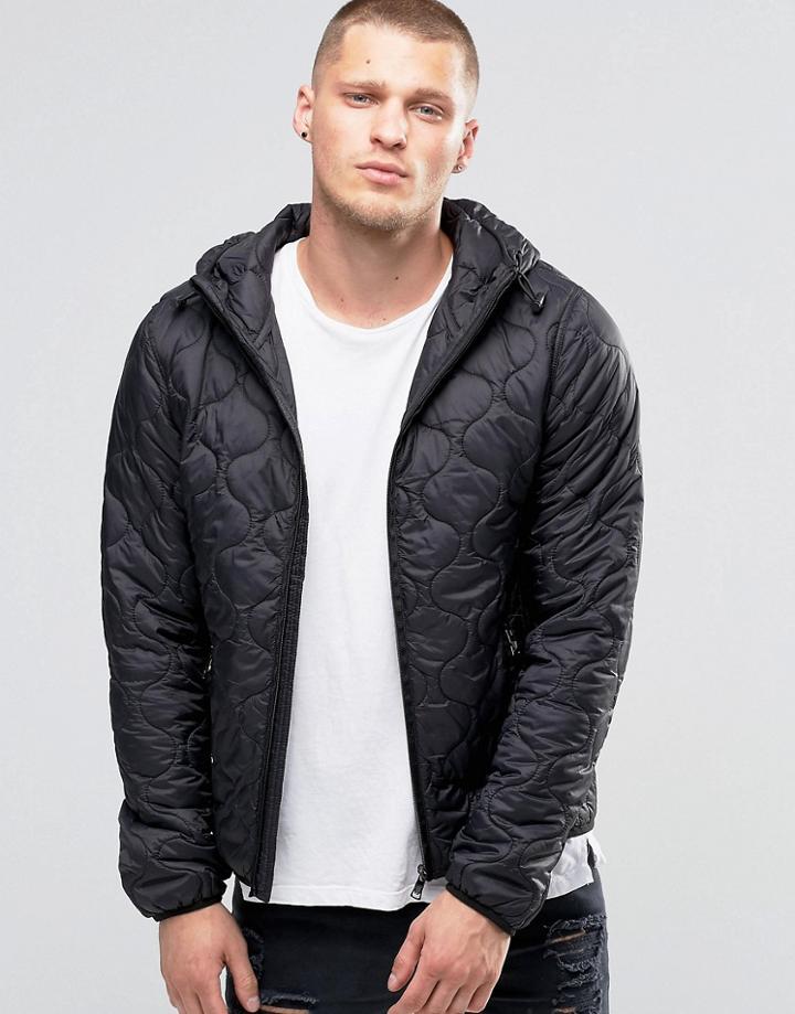 Blend Hooded Quilted Jacket Camo Black - Black