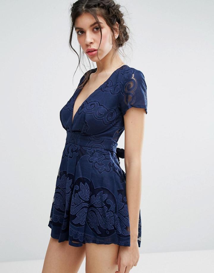 Love Triangle Lace Peplum Layer Romper - Navy