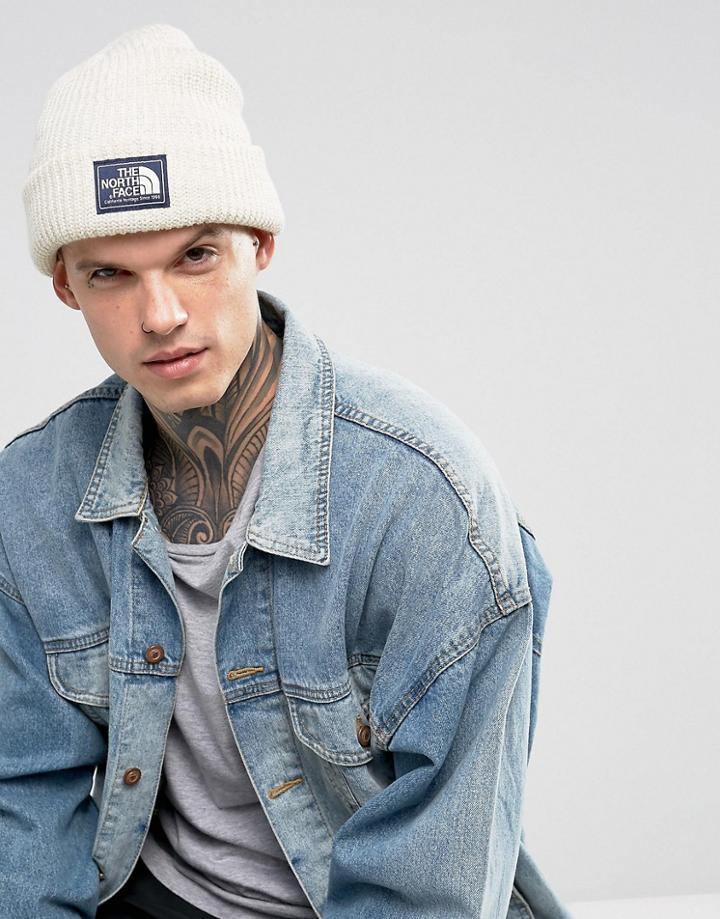 The North Face Rib Beanie Badge Logo In Vintage White - White