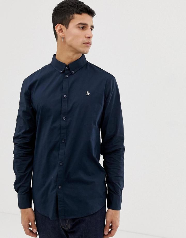 Original Penguin Icon Logo Poplin Stretch Shirt With Button Down Collar In Navy - Navy