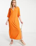 Monki Midaxi Dress With Polo Collar In Orange