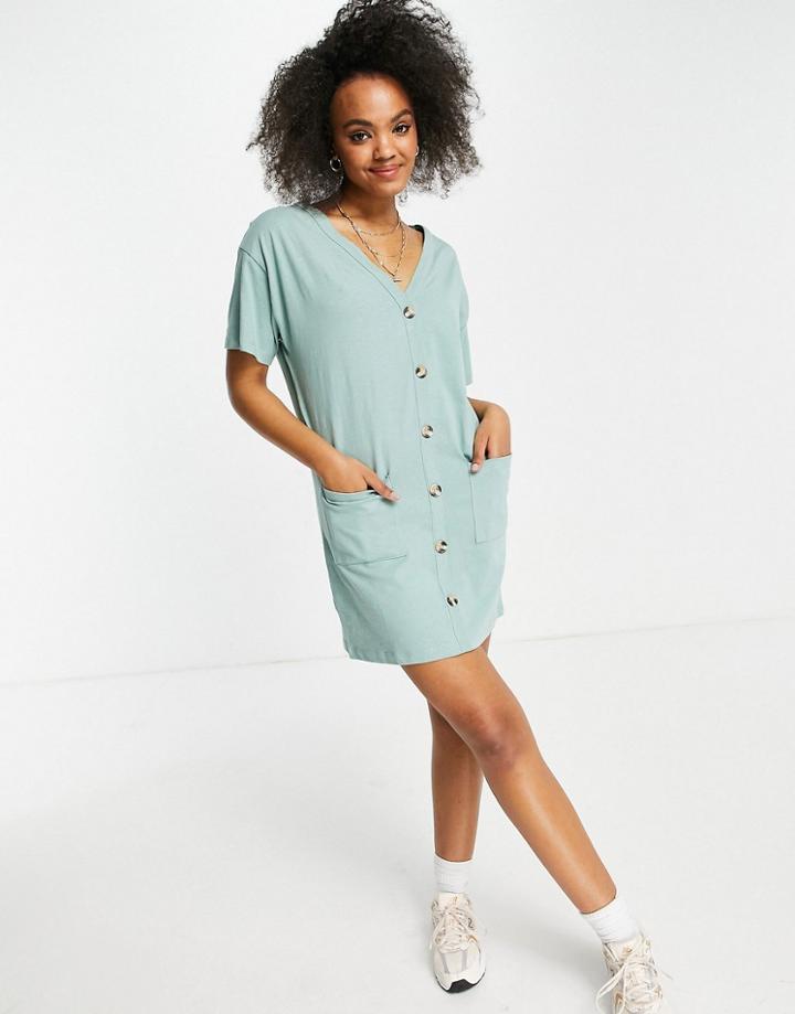 Asos Design Button Through T-shirt Dress In Sage-green