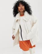Weekday Short Parka Jacket With Faux Fur Collar In Off White - White