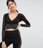 Quontum Tall Plunge Long Sleeve Mesh Detail Crop Top - Black