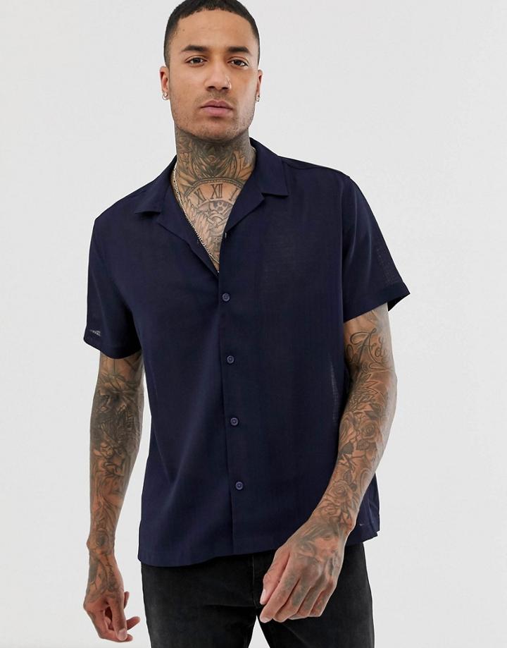 Asos Design Oversized Textured Shirt In Navy With Revere Collar - Navy