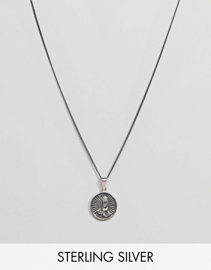 Asos Design Sterling Silver Necklace With Praying Hands Pendant - Silver