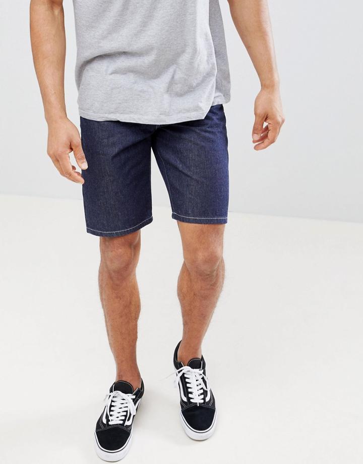 Asos Design Denim Shorts In Slim Indigo Contrast Stitch - Blue