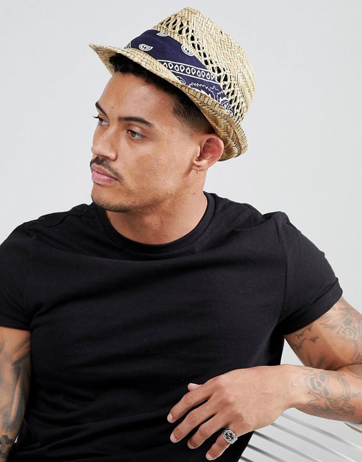 Asos Straw Trilby Hat In Natural With Paisley Bandana Band Detail - Beige