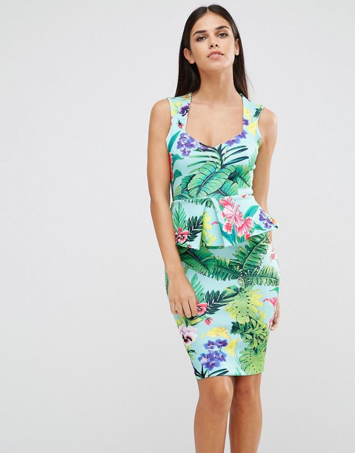 Vesper Sleeveless Tropical Print Pencil Dress With Peplum Detail - Green