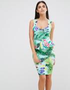 Vesper Sleeveless Tropical Print Pencil Dress With Peplum Detail - Green