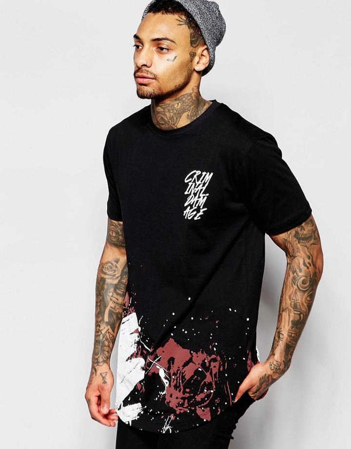 Criminal Damage Longline T-shirt With Curved Hem - Black