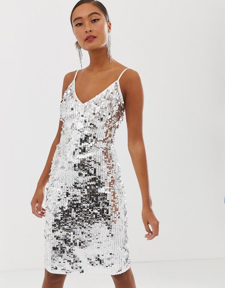 Miss Selfridge Bodycon Midi Dress In Silver Sequin - Silver