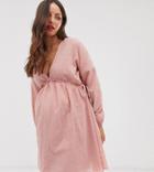 Asos Design Maternity V Front V Back Mini Smock Dress In Texture With Long Sleeves-pink