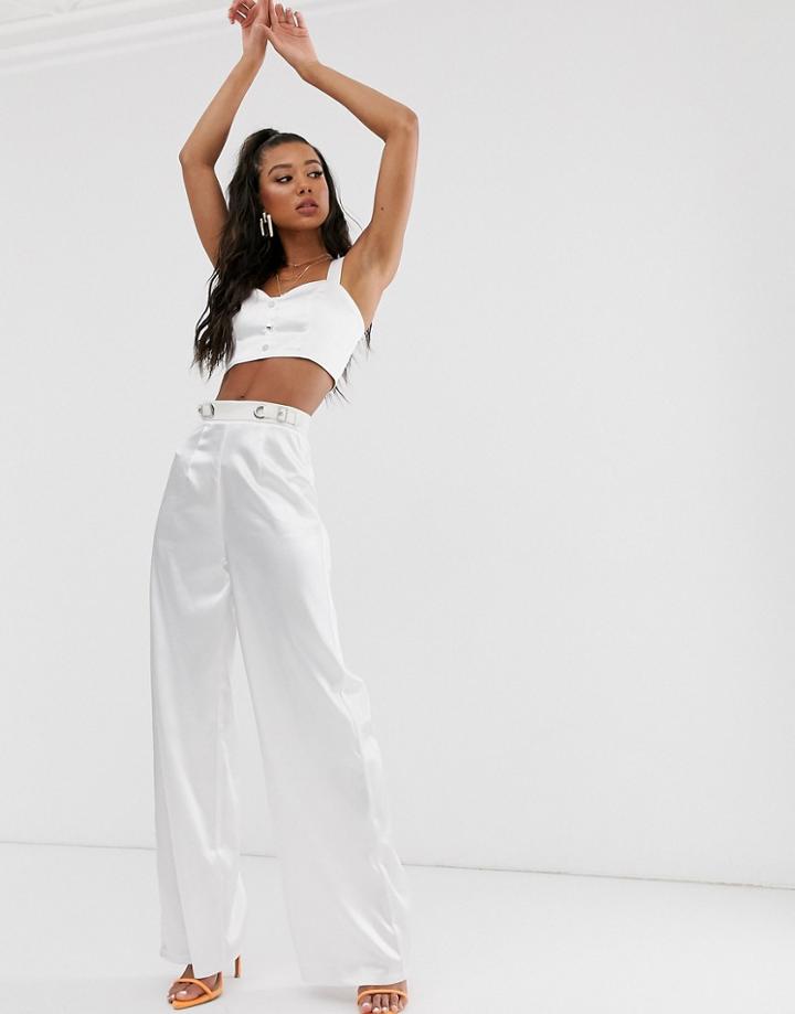 Saint Genies Satin Wide Leg Pants With Hardware Detail In Ivory-cream