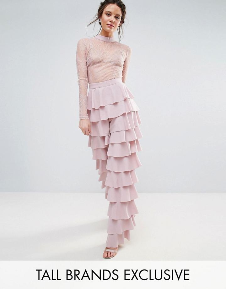 True Decadence Tall Lace Top Jumpsuit With Ruffle Detail Pant - Pink