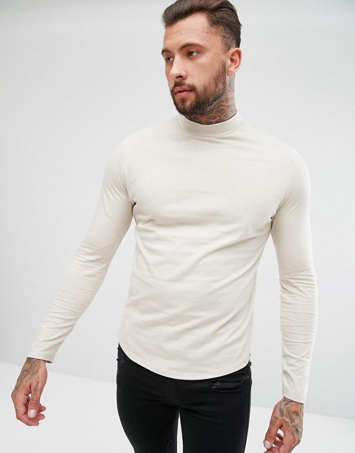 Asos Long Sleeve T-shirt With Turtleneck And Curved Hem - Beige