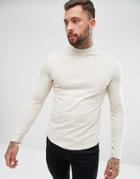 Asos Long Sleeve T-shirt With Turtleneck And Curved Hem - Beige