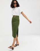 Asos Design Denim Belted Midi Skirt In Khaki Green-multi