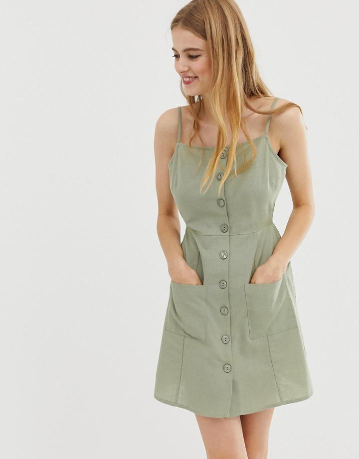 Asos Button Through Linen Mini Sundress-green