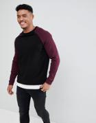 Asos Design Sweatshirt In Black With Burgundy Raglan Sleeves - Black