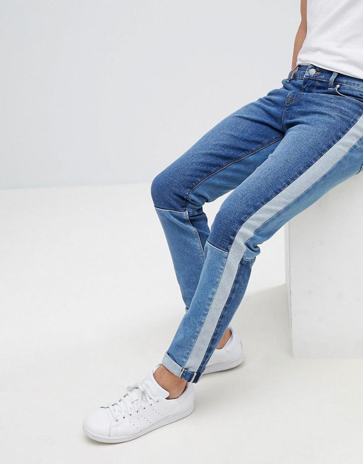 Asos Skinny Jeans In Mid Wash Blue With Cut And Sew Side Stripe - Blue