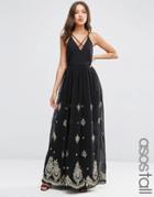 Asos Tall Strappy Maxi Dress With Embroidered Hem - Black