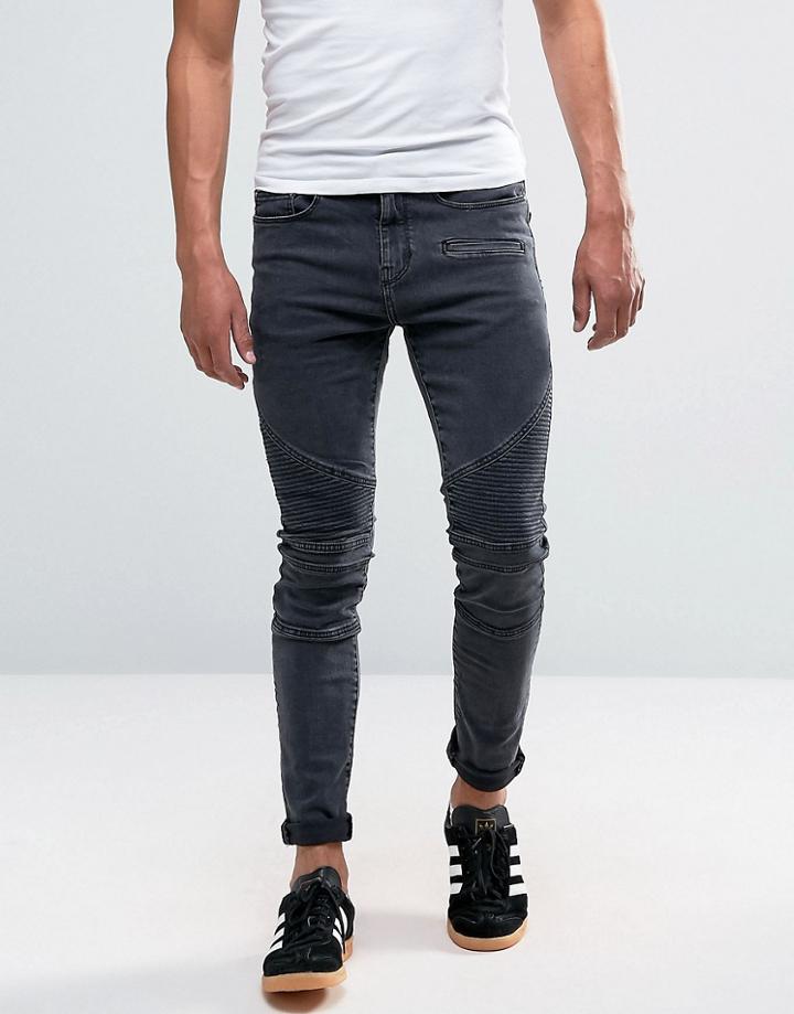 New Look Skinny Biker Jeans In Washed Black - Black