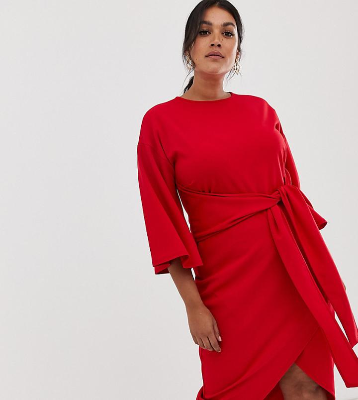 Boohoo Plus Kimono Sleeve Wrap Midi Dress In Red - Red