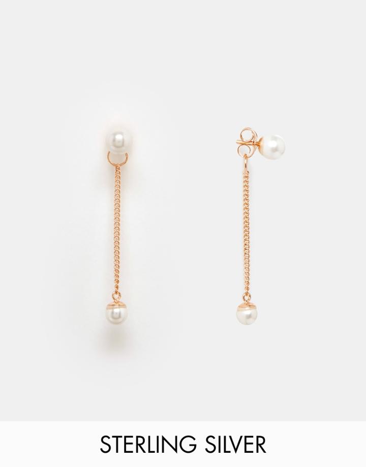 Asos Sterling Silver Faux Pearl Stud And Chain Drop Earrings - Rose Gold Plated