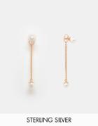 Asos Sterling Silver Faux Pearl Stud And Chain Drop Earrings - Rose Gold Plated