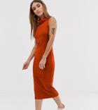 Asos Design Petite Midi Rib Dress With High Neck - Orange