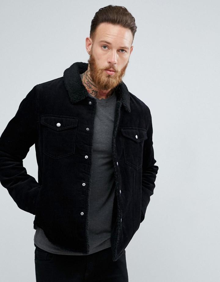 Asos Fleece Lined Cord Jacket In Black - Black