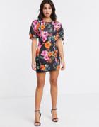 Asos Design Open Back Puff Sleeve Bodycon Mini Dress In Floral Print-multi